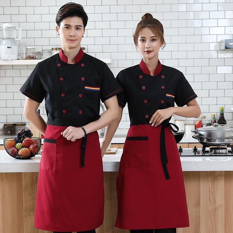 ชุดเชฟทำอาหาร เสื้อแขนสั้น ชุดเชฟ 2 ชิ้นเสื้อ + ผ้ากันเปื้อน UNISEX Chef overalls Short