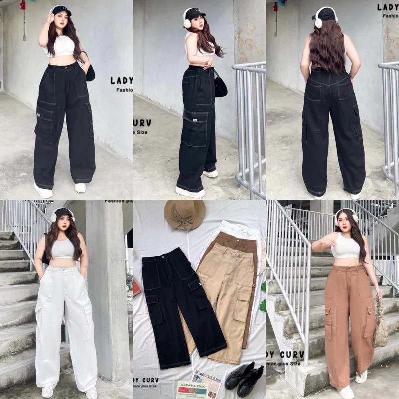 ✅เข้าเพิ่ม พร้อมส่งค่ะ/LC/ กางเกงสาวอวบ เอวสูง คาร์โก้ ทรงบอย ตะเข็บคู่ตัดสีผ้า #เสื้อผ้าไซส์ใหญ่ สาว อ้วน พลัสไซส์
