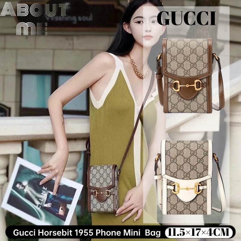 Hot Sale กุชชี่ Gucci Horsebit 1955 Phone Mini  Bag ของแท้/ผู้หญิง/กระเป๋าสะพายไหล่/ผ้าแคนวาสคลาสสิก