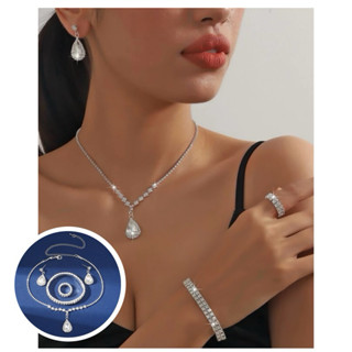 ชุดเครื่องประดับสร้อยคอ สร้อยข้อมือ ต่างหู แหวนเพชรสีขาว พร้…