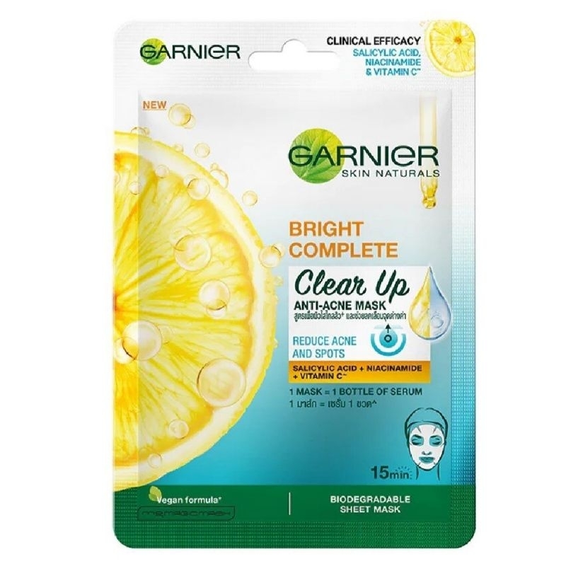 Garnier การ์นิเย่ สกิน แนทเชอรัลส์ ไบรท์ คอมพลีท เคลียร์ อัพ แอนตี้-แอคเน่ มาส์ก 1 แผ่น