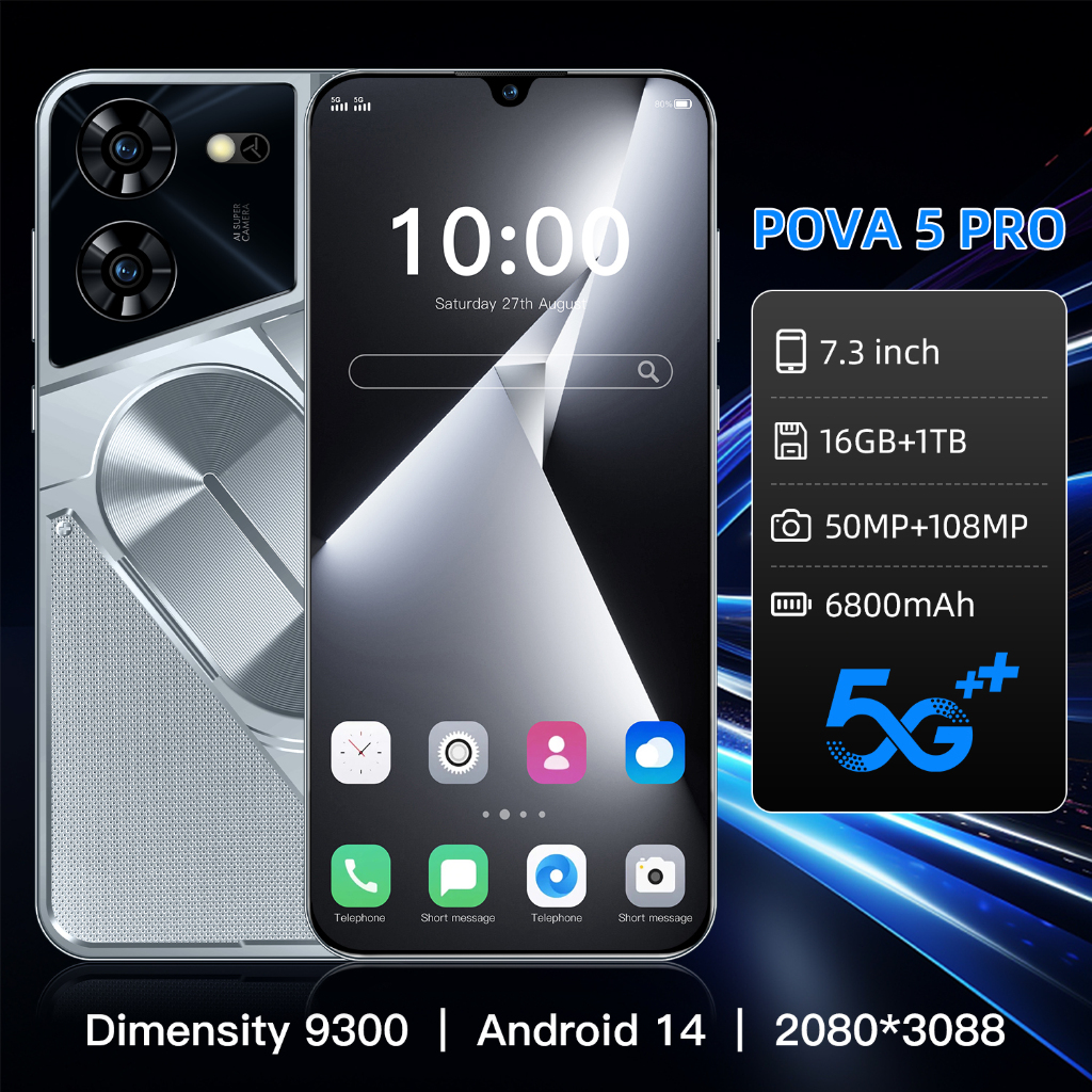 Pova 5 Pro SmartPhone 5G 7.3 นิ้ว HD หน้าจอขนาดใหญ่ Android 13 โทรศัพท์มือถือใหม่รองรับการรวบรวม
