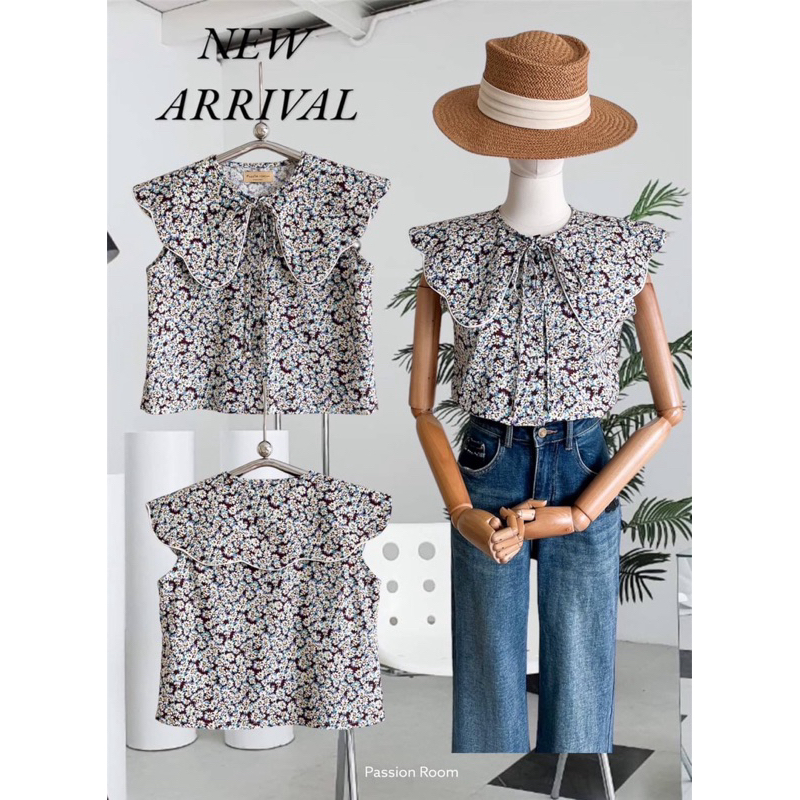 Original Linen Printed Blouse เสื้อคอปกขอบหยัก ดีไซส์ผูกด้านหน้าผ้าลินินเกาหลี รีดง่าย ยับยาก