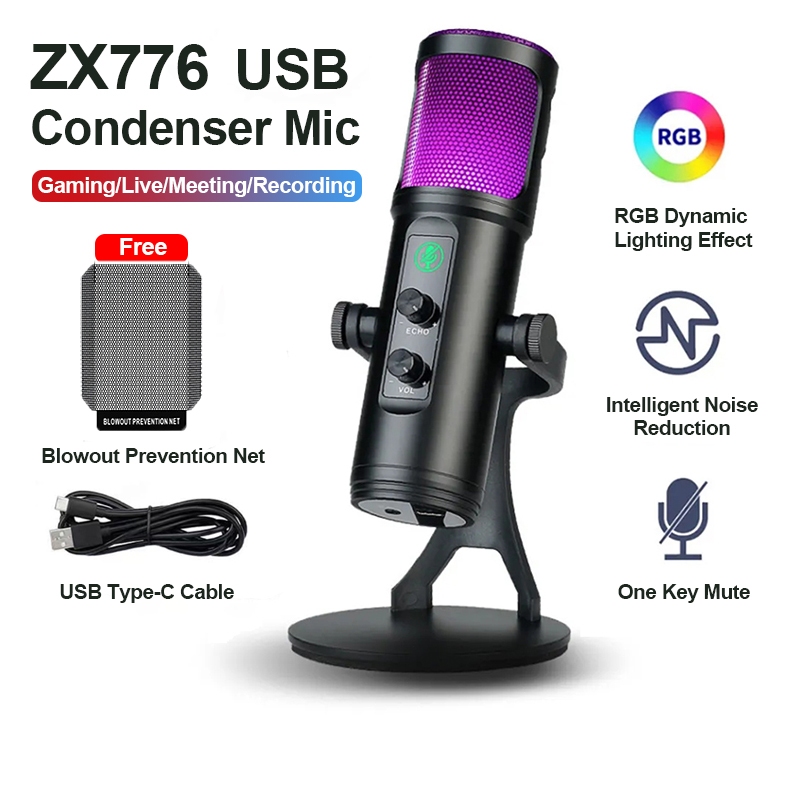 SUNATUR ZX-776 USB Microphone Professional RGB Gaming Mic With Mute Noise Reduction For PC Laptop