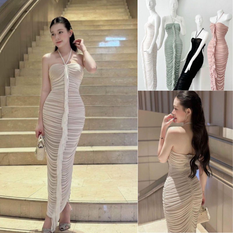 พร้อมส่ง เดรสแต่งย่นคล้องคอทรงรัดรูปซิปหลัง
