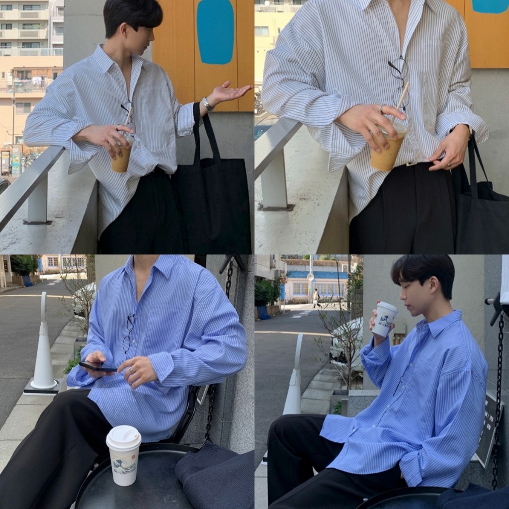 เสื้อเชิ้ตแขนยาว สีลายริ้ว รุ่นกระเป๋าใหญ่ ผ้าหนา ไม่บาง สไตล์เกาหลี SL71