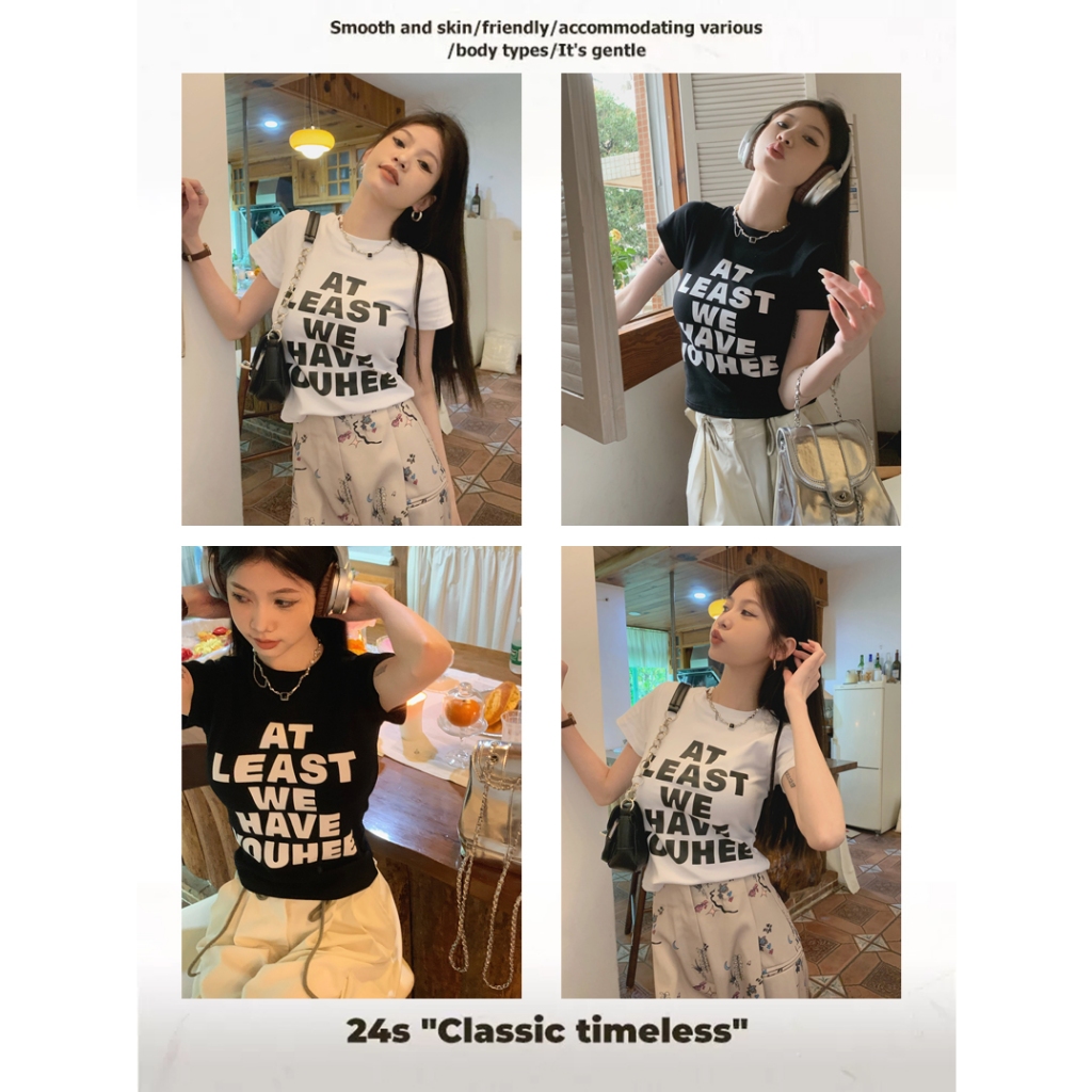 YISEN666 เสื้อครอปท็อป y2k แฟชั่นผู้หญิง พิมพ์ลาย เตรียมส่งสินค้า แขนสั้นสีขาว