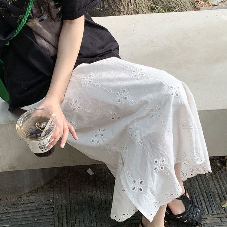 สีขาวเอวสูงลูกไม้กระโปรง สไตล์มินิมอล ฮิตสุดๆ