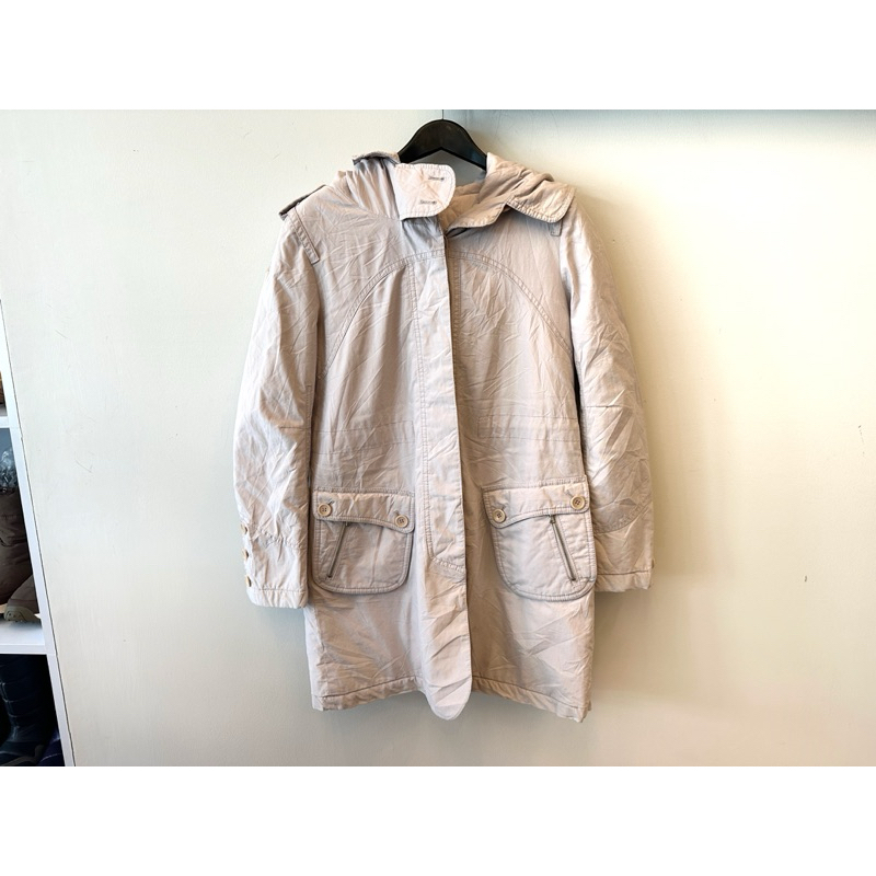 เสื้อกันหนาวขนเป็ดมือสอง SJ Style สีชมพูขาว ทรงยาว มีฮู้ด กันหนาวดี ผ้าดี