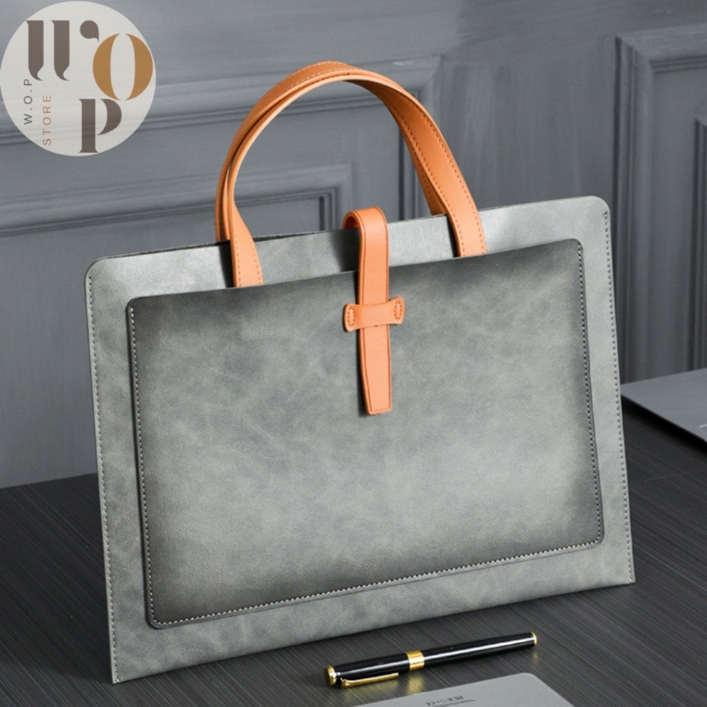 WOP Store พร้อมส่ง กระเป๋าใส่เอกสาร A4แบบพกพา ใส่แล็ปท็อป โน๊ตบุ๊คได้ วัสดุเป็นหนังPUกันน้ำได้ จุเอกสารได้เยอะ