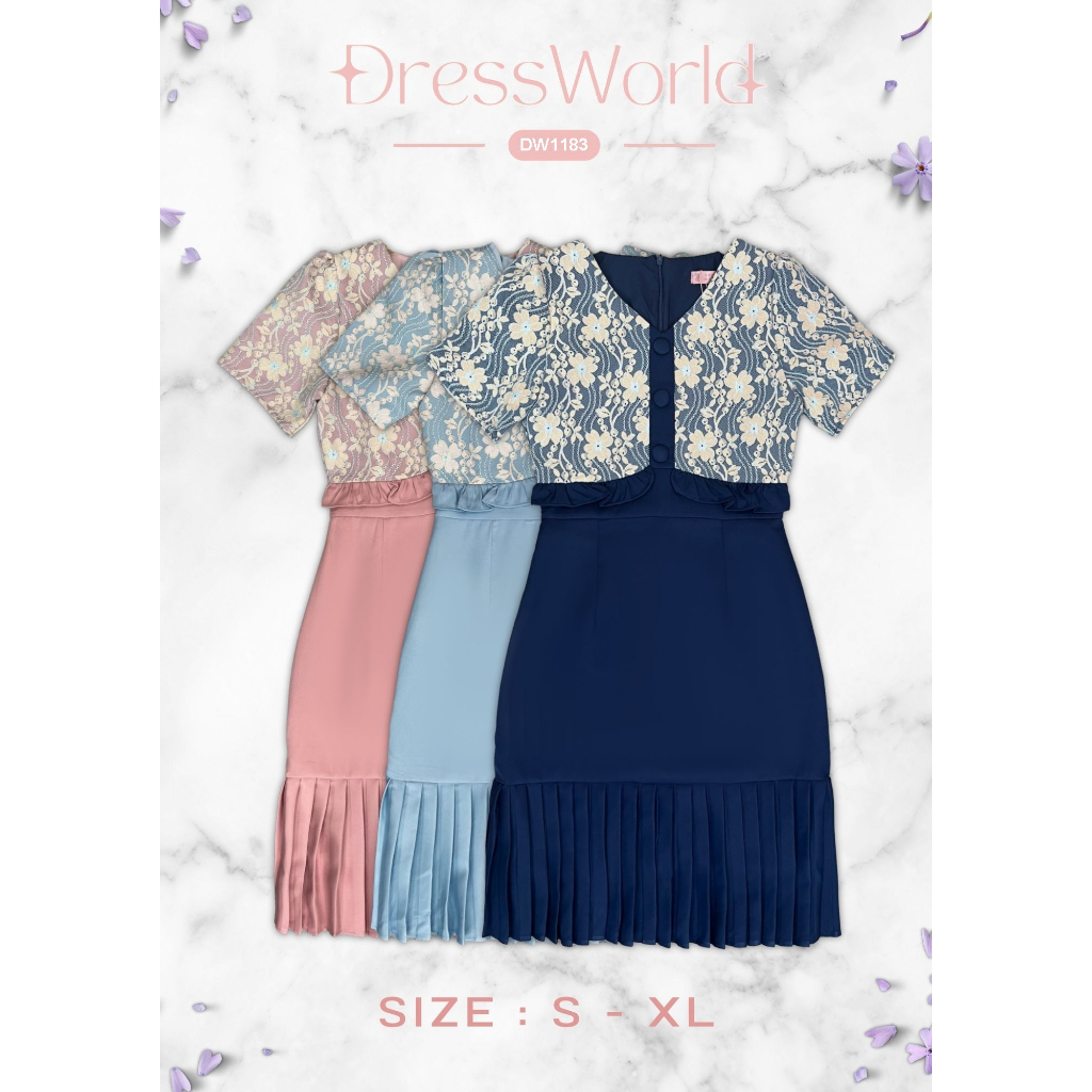{S-XL} 1183 งานป้าย Dress World เดรสสั้น ชายพลีส ช่วงบนลายดอก ดีเทลน่ารัก ไม่มีไม่ได้แล้วว