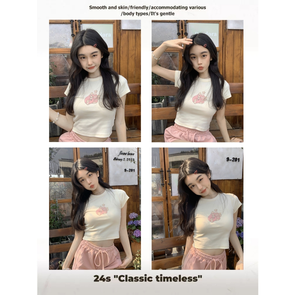 Guooi เสื้อy2k แฟชั่นผู้หญิง คอกลม แขนสั้น สกรีนลายแน่น ผ้าร่องอย่างดี ใส่สบาย สีขาว T -shirt