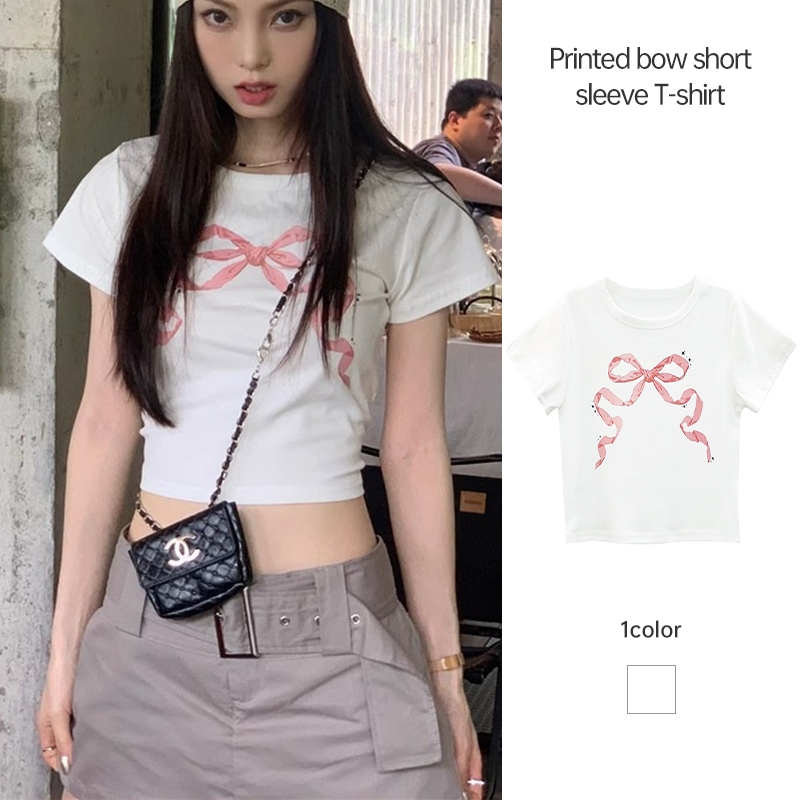 สไตล์อเมริกัน Retro เสื้อยืดแขนสั้นผู้หญิงโบว์ริบบิ้นเสื้อยืด Slim FITTING เซ็กซี่ TOP