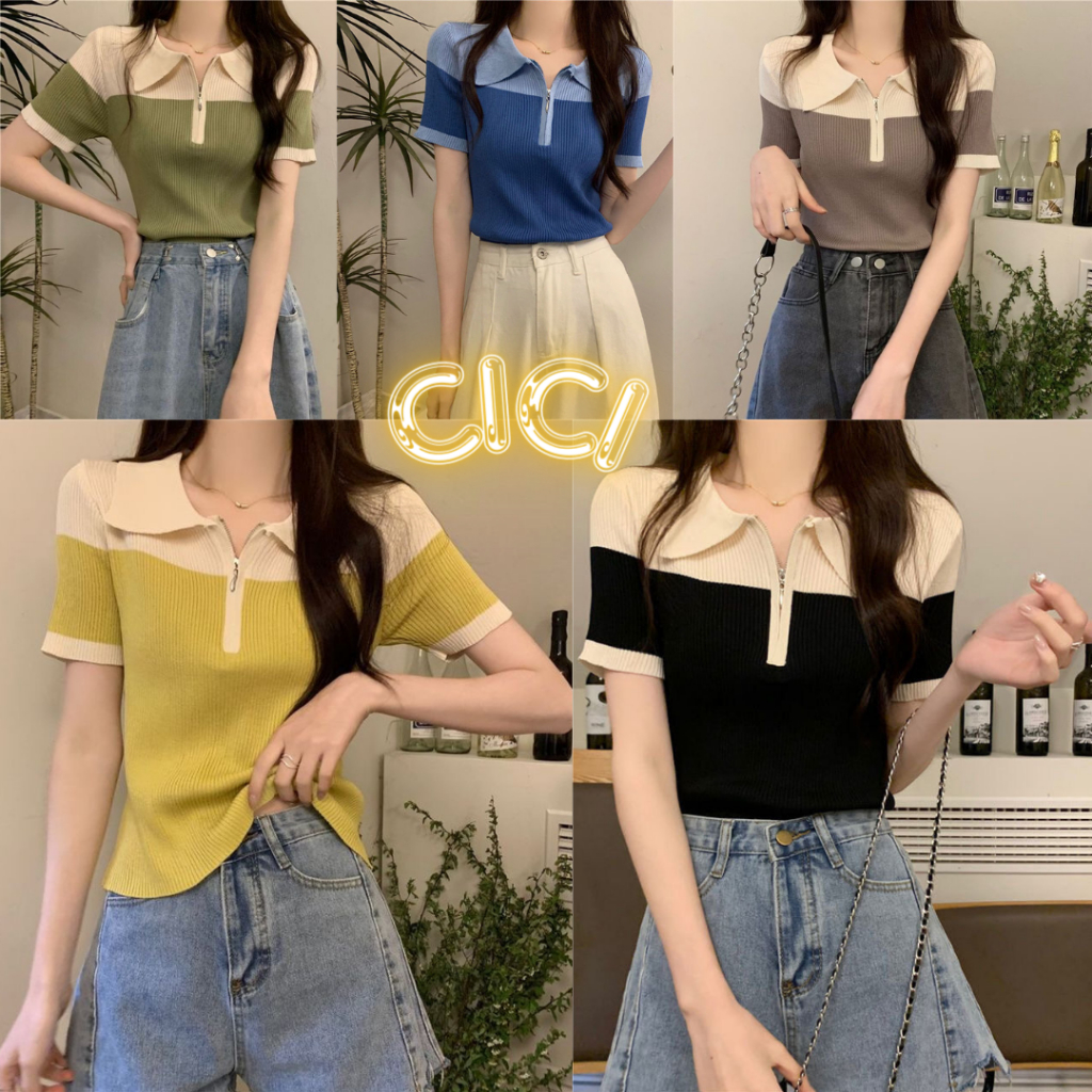 Cici(NO.K318)เสื้อครอปแขนสั้น ดีเทลซิปรูดหน้า แขนล้ำ สีสันงดงามสะดุดตา