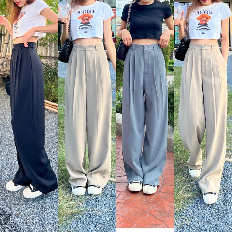 BUNNY.CUTIE studio : รุ่น Bekky Pants กางเกงขายาว ทรงกระบอกใหญ่ งานกระดุม ผ้าพริ้ว ทิ้งตัว ใส่สบาย (XS-XXL)