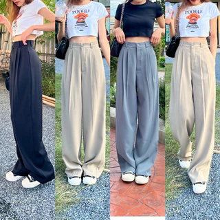 BUNNY.CUTIE studio : รุ่น Bekky Pants กางเกงขายาว ทรงกระบอกใหญ่ งานกระดุม ผ้าพริ้ว ทิ้งตัว ใส่สบาย (XS-XXL)