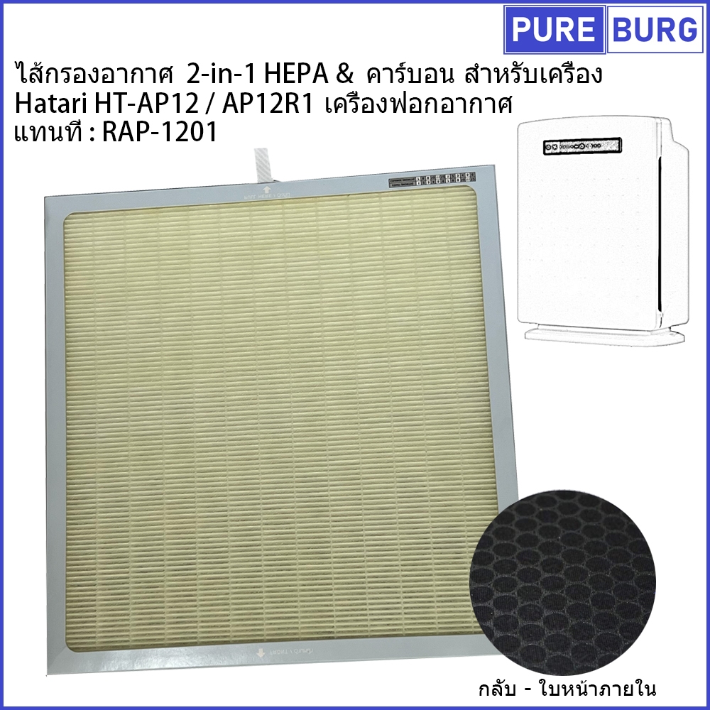 Hatari AP12R1 / HT-AP12 แทนที่ : RAP-1201 ไส้กรองอากาศ  2-in-1 HEPA & คาร์บอน สำหรับเครื่องฟอกอากาศ