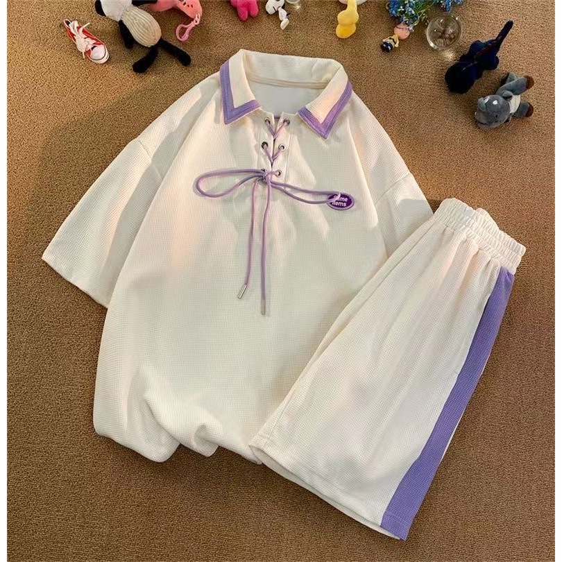 ชุดเซ็ทผู้หญิง เสื้อโปโลแขนสั้น+กางเกงขาสั้น ผ้าวาฟเฟิล ผ้านิ่ม ทรงหลวม ใส่สบาย