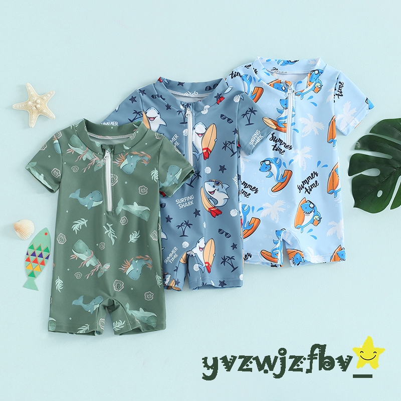 {COD&LOCAL} ชุดว่ายน้ำเด็กชายวัยหัดเดินการ์ตูน Marine Life พิมพ์แขนสั้นซิปหน้าชุดว่ายน้ำ
