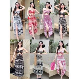 ชุดเซ็ทเกาะอก+กระโปรงยาวผ่าหน้า (ลายช้าง) สุดฮิต ผ้าไหมอิตาล…