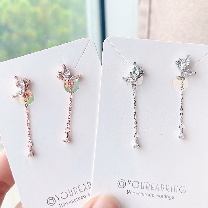 [หนีบ, เจาะ] ต่างหูผีเสื้อแบบโซ่ยาว สำหรับคนไม่เจาะหู ต่างหูออกงาน มียางรองแถมให้