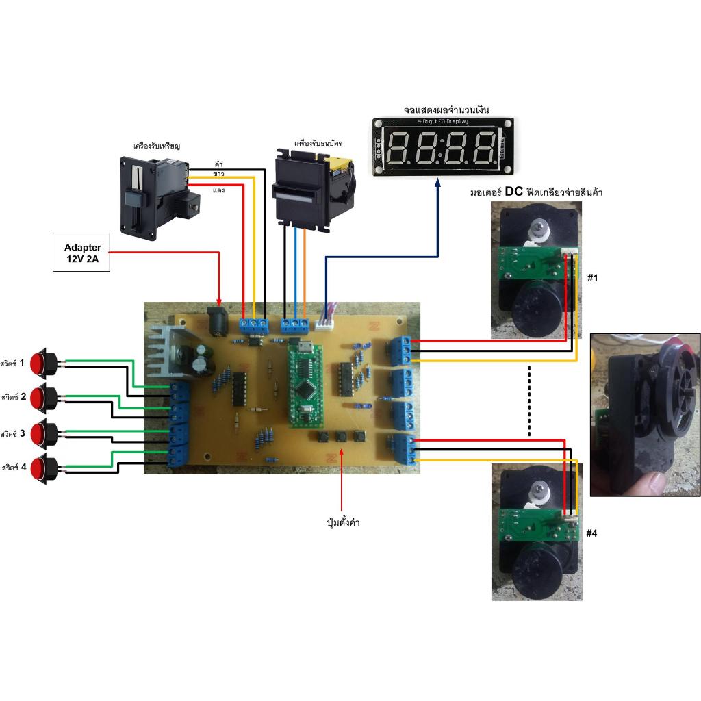 บอร์ดขายสินค้าหยอดเหรียญ 4 ชนิด (ใช้ DC Motor ขับเกลียวฟีดสินค้า)