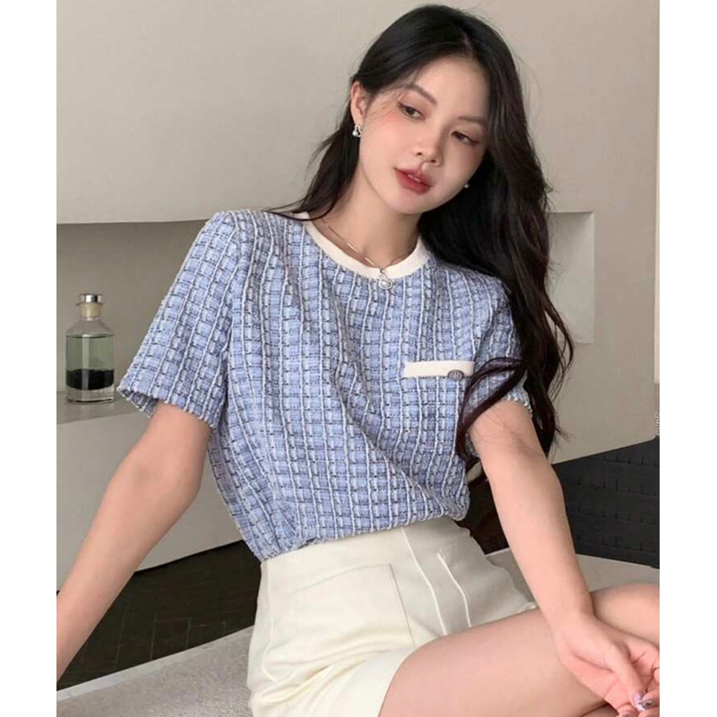 เสื้อยืด ผ้าทวิต แขนสั้น คอกลม แต่งกระเป๋า ลายทาง อย่างมีสไตล์ เก๋ๆ งานสวยตรงปก