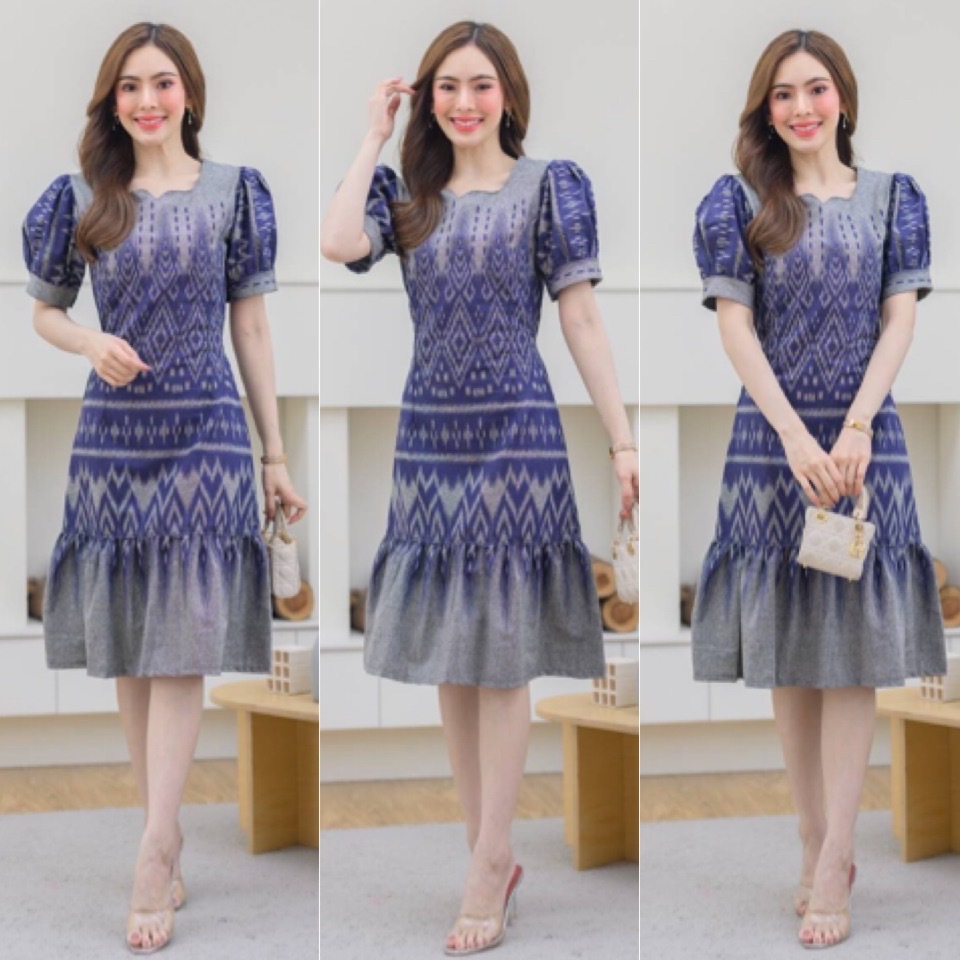 LANNA-ชุดเดรสผ้าไทย (ไซร้เล็ก อก36") ผ้าฝ้ายลายไทย ใส่ทำงาน ใส่ออกงาน สวยมากค่ะ