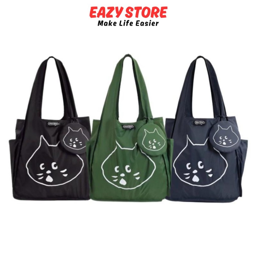 EAZY กระเป๋าสะพายไหล่ Murmur A4 กระเป๋าถือ พับเก็บได้ ซีรีส์แมวขี้ตกใจ ผ้าไนลอน Unisex รุ่นปี2024