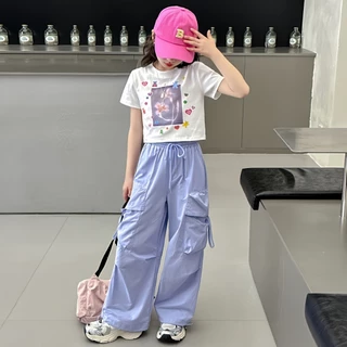 Beryl kids🌸ชุดเซ็ทเด็กผู้หญิง แฟชั่น🎀เสื้อแขนสั้นกางเกงคาร์โก้ ขากว้าง ทรงหลวม พิมพ์ลายน่ารัก รุ่นใหม่ ฤดูร้อน