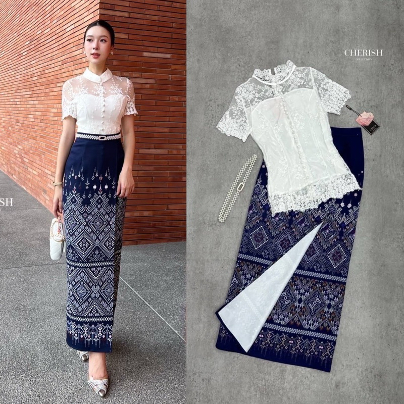 📌📌 พร้อมส่ง XS S M L XL 2XL 🏷️CHERISH เซ็ทงานบุญ 3 ชิ้น(📍มีเข็มขัดมุก) เสื้อลูกไม้+กป+เข็มขัด ชุดไทย ผ้าไทย ชุดทำบุญ