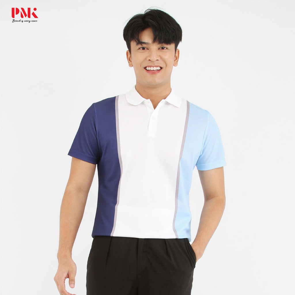 PMK Polomaker เสื้อโปโลพิมพ์ลาย Printed Pique EPP - สีฟ้า-กรมท่า