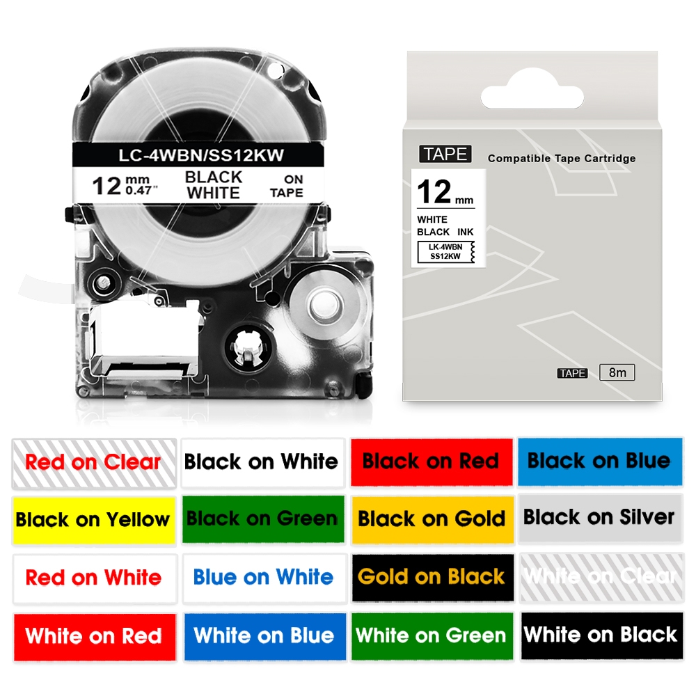 3Pcs ST12KW 12มิลลิเมตร เทปฉลากเข้ากันได้ King Jim Epson เทปสำหรับ Labelworks LW-300 LW-400 LC-4WB L