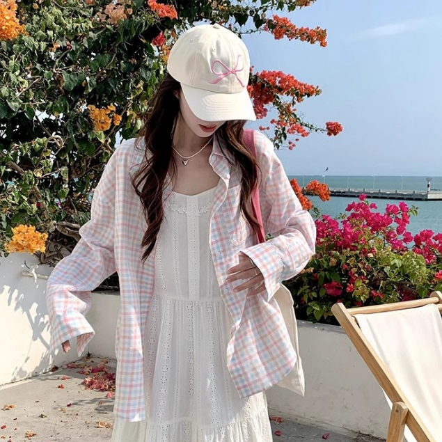 fashiongirl1688 เสื้อเชิ้ตแขนยาว ลายสก๊อต ลายตาราง สีชมพูหวานแหวว ใส่เที่ยวทะเล เหมาะกับลุคซัมเมอร์