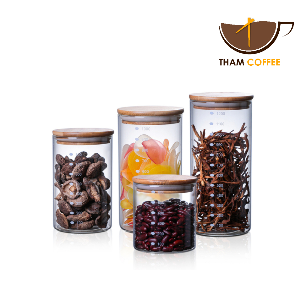 โหลแก้วสูญญากาศ ขวดใส่เครื่องปรุง ขวดโหล ขวดโหลแก้วฝาไม้ 600ml 800ml 1000ml 1200ml อากาศเข้าไม่ได้ Tham coffee – โปรปัง