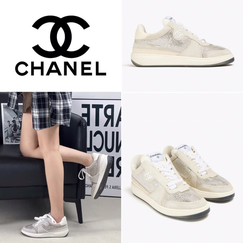 รองเท้าผ้าใบ Chanel Per-Loved CC Logo Embellished Sneakers