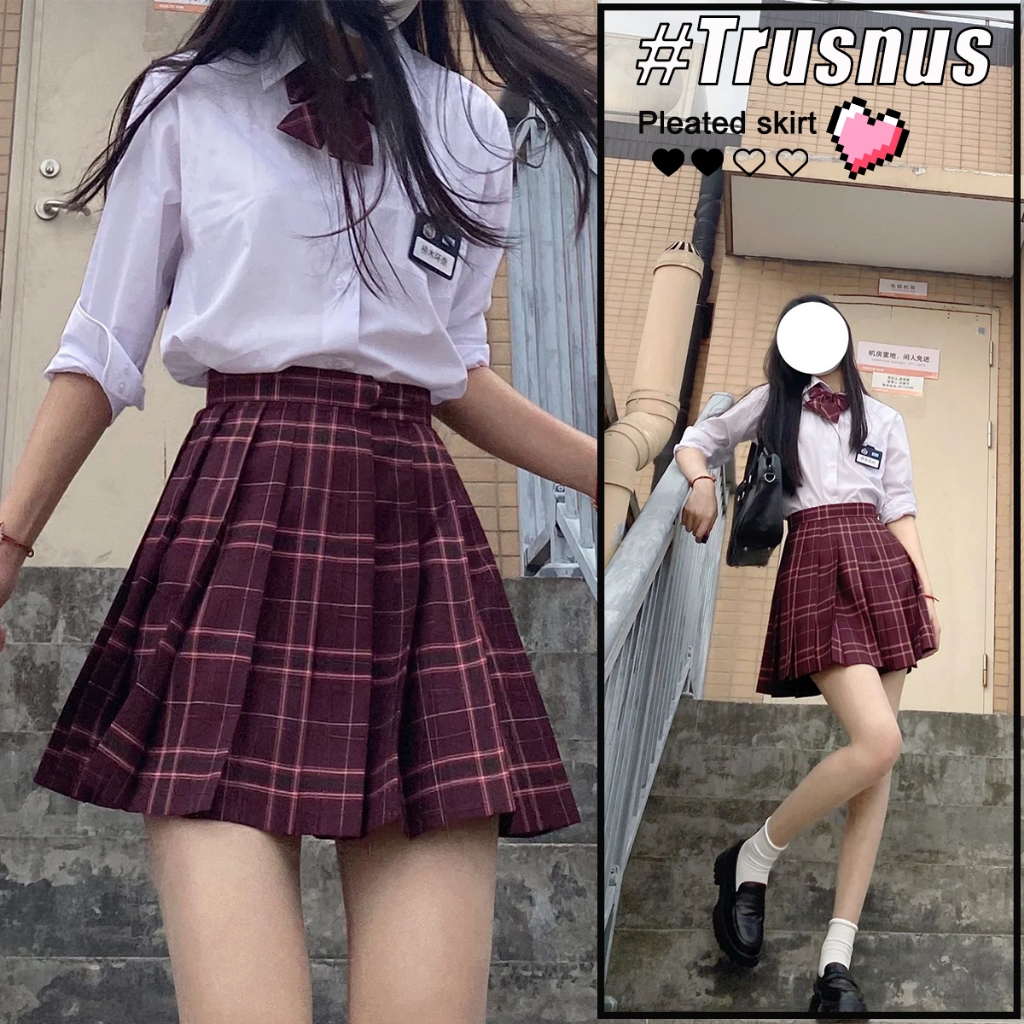Trusnus สไตล์ญี่ปุ่น เอวสูง กระโปรงพลี สีแดง ลายสก๊อตน่ารัก กระโปรงสั้น พร้อมส่ง