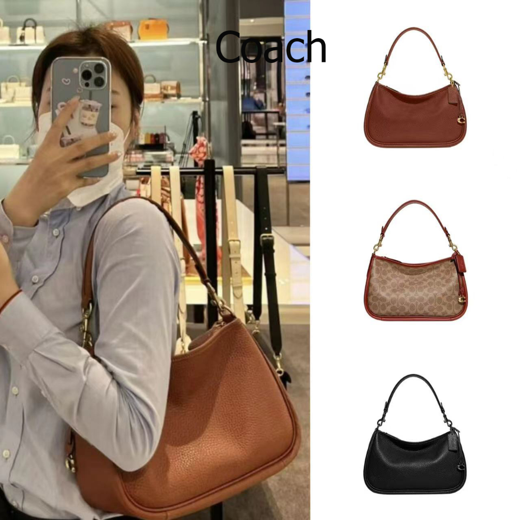 Cary 28 สีทึบซิปหัวเข็มขัดโลหะคลาสสิก C โลโก้หนังกระเป๋าสะพายไหล่ผู้หญิงขนาดใหญ่สีดำ