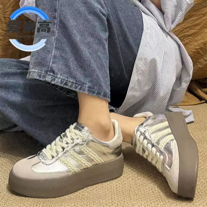 รองเท้าผ้าใบสีเงิน รองเท้าลำลองสีเงิน เพิ่มความสูง เรียบง่าย แฟชั่น Size35-40