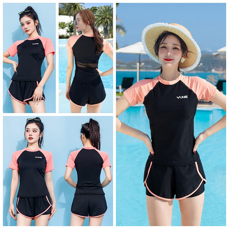 beachgirl ชุดว่ายน้ํา ทูพีช สีดํา กีฬา กางเกงขาสั้น เอวสูง ผ้าเนื้อดี #0189