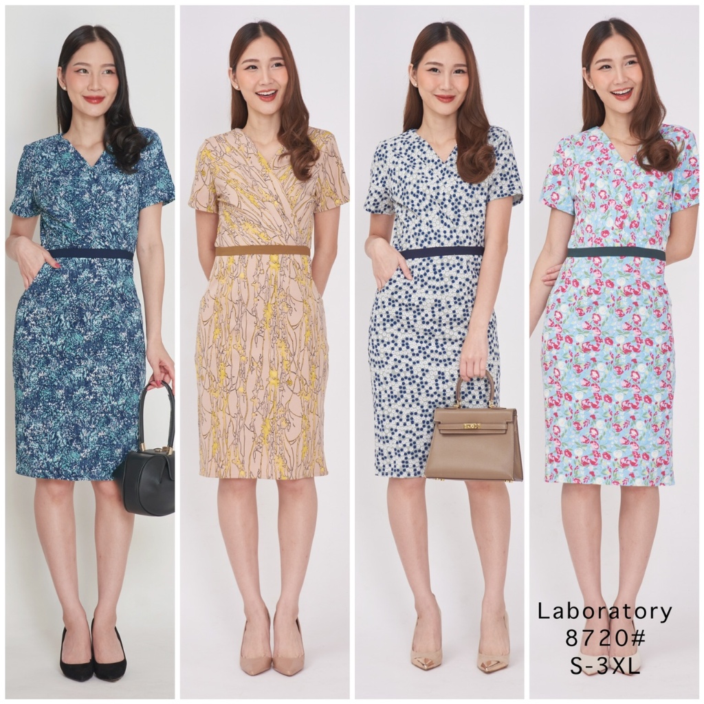 *Laboratory* ชุดพิมพ์ลาย ชุดทำงานทรงป้ายแขนสั้นจีบอก  8720 ชุดไปงาน – โปรปัง
