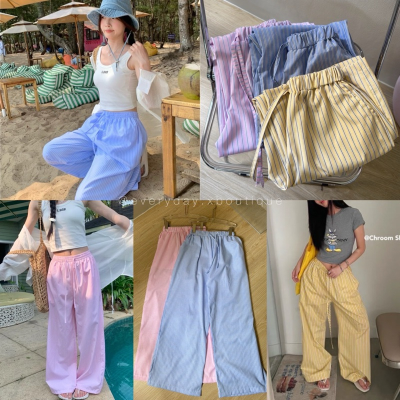 Stripe pant (350฿) กางเกงขายาวทรงกระบอกใหญ่ ขากว้าง ผ้าคอตต้อนลายริ้ว สไตล์เกาหลี