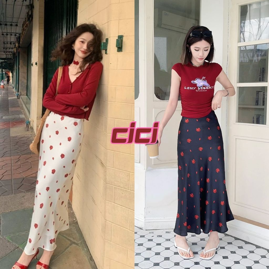 Cici (NO.6033-1)กระโปรงยาวผ้าพริ้ว ดีเทลลายดอกกุหลาบ ใส่วันสบายๆสไตล์เกาหลี