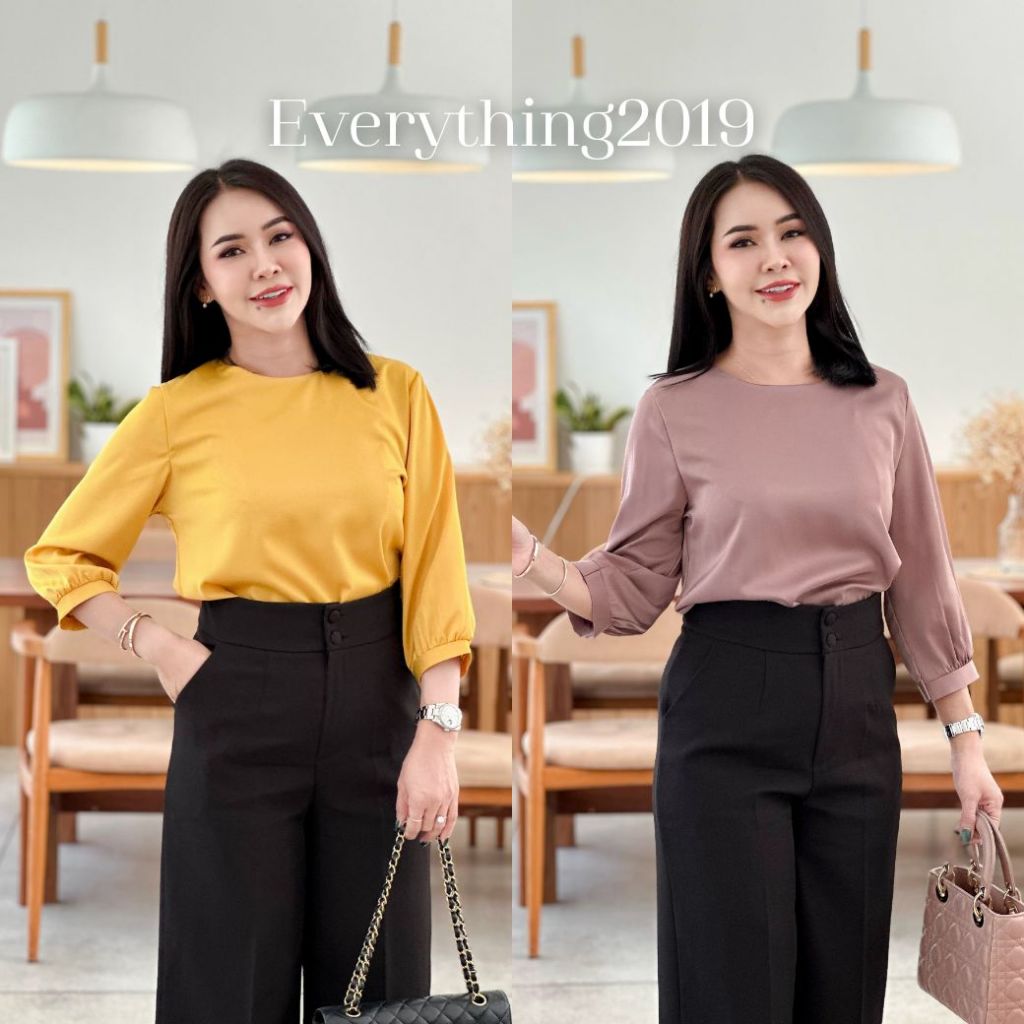 Everything2019 (1908) เสื้อผู้หญิงคอกลมแขน5ส่วน รุ่นคุณนาย ผ้าซาติน เรียบหรู ดูแพง