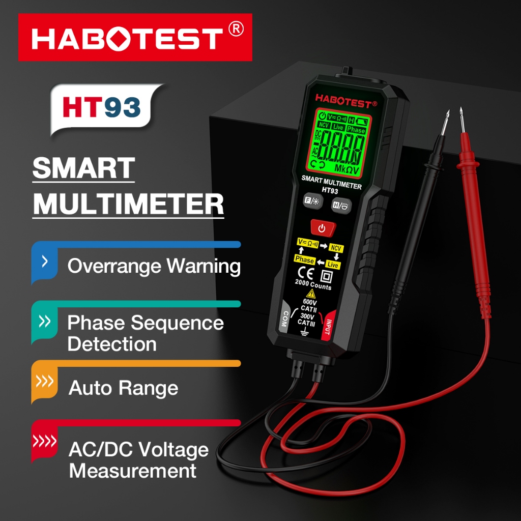 HABOTEST HT93 มัลติมิเตอร์แบบดิจิตอล AC/DC แรงดันไฟฟ้า Current เครื่องทดสอบอัตโนมัติ 2000 นับ Ohm Ammeter Handheld Multi