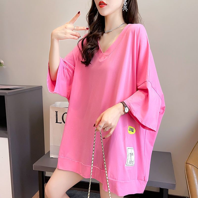 เสื้อแขนสั้นคอวี สาวอวบ Oversize (อก 54-64 นิ้ว) สีพื้น เว้าหลังยิ้ม ผ้าคอตตอล  สินค้าพร้อมส่ง A17