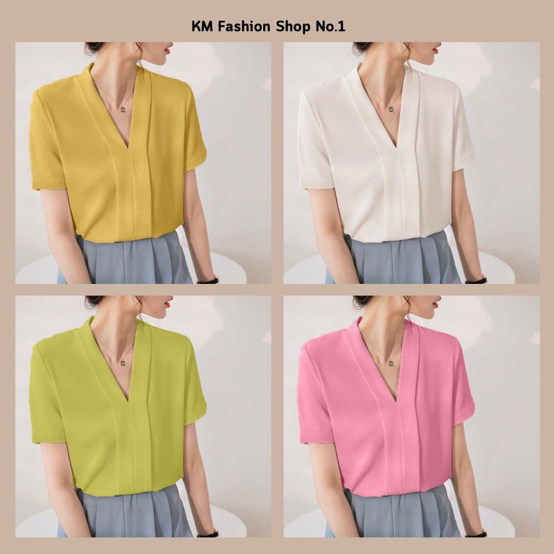 ⭐ เสื้อแขนสั้นคอวี แต่งปกขอบคู่ใส่ทำงาน สูททับได้พร้อมส่งM-XL32-40”