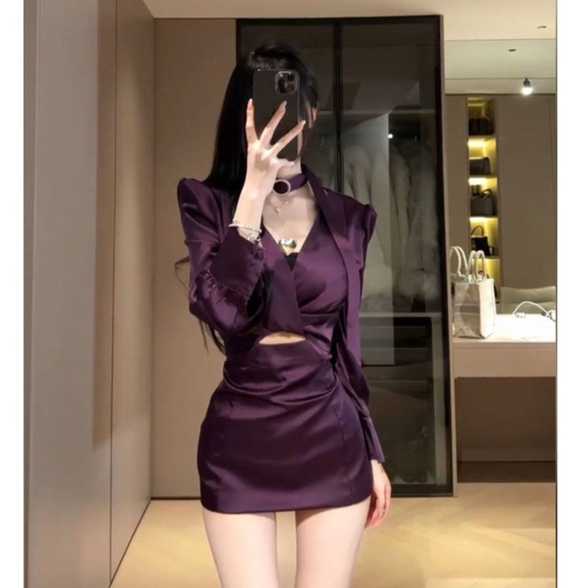 S-XL ฝรั่งเศสสีม่วงซาตินน้ำแข็งผ้าไหมสีทึบบางเฉียบแขนยาวกลวงออกแฟชั่นวินเทจเซ็กซี่จัดเลี้ยงมืออาชีพงานปาร์ตี้ชุด