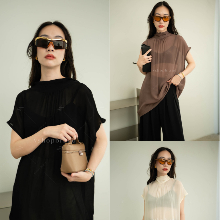 พร้อมส่ง เสื้อแขนกุดซีทรูผูกโบว์คอ งานป้าย Vshop