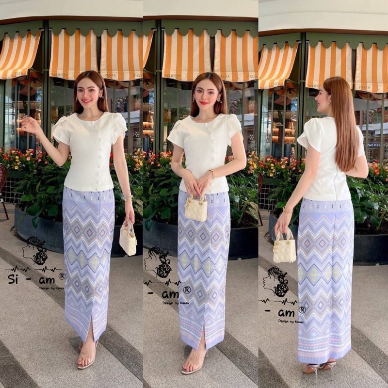 (XL-4XL)ชุดเซตลายไทย เสื้อสีขาวแต่งกระดุมหน้า+ผ้าถุงลายไทยสีม่วงทรงผ่าหน้า สวยมาก งานตามหา ดาราใส่ ใส่ออกงาน
